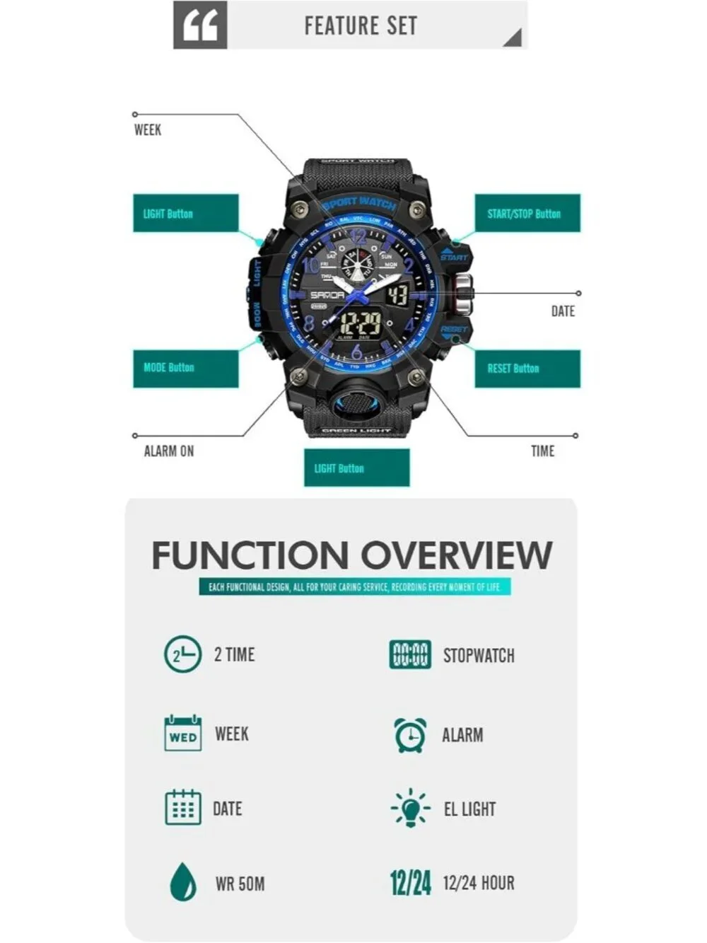 Mens Black Blue Analog Quartz Sports Waterproof Military LED Digital Wrist Watch